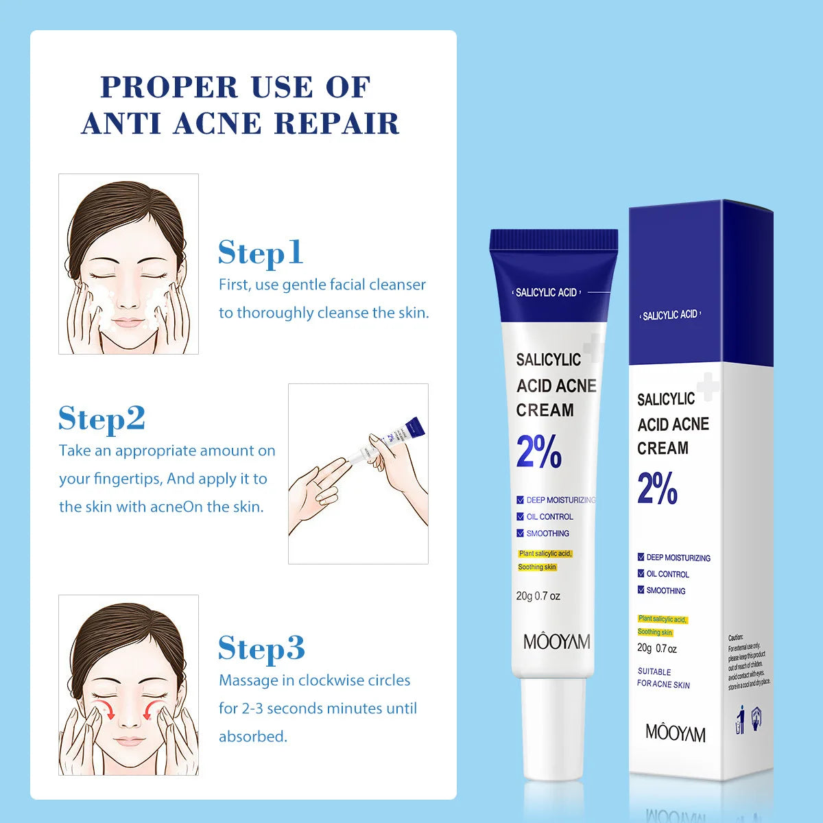 Salicylic acid acne cream with packaging and usage instructions on a blue background