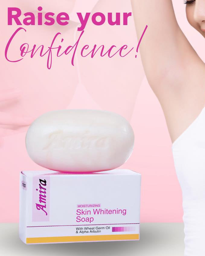 Woman with clean armpits and Amira Skin Whitening Soap on a pink background