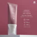 Luxelle Centella Sun Serum tube on a maroon background with product details.