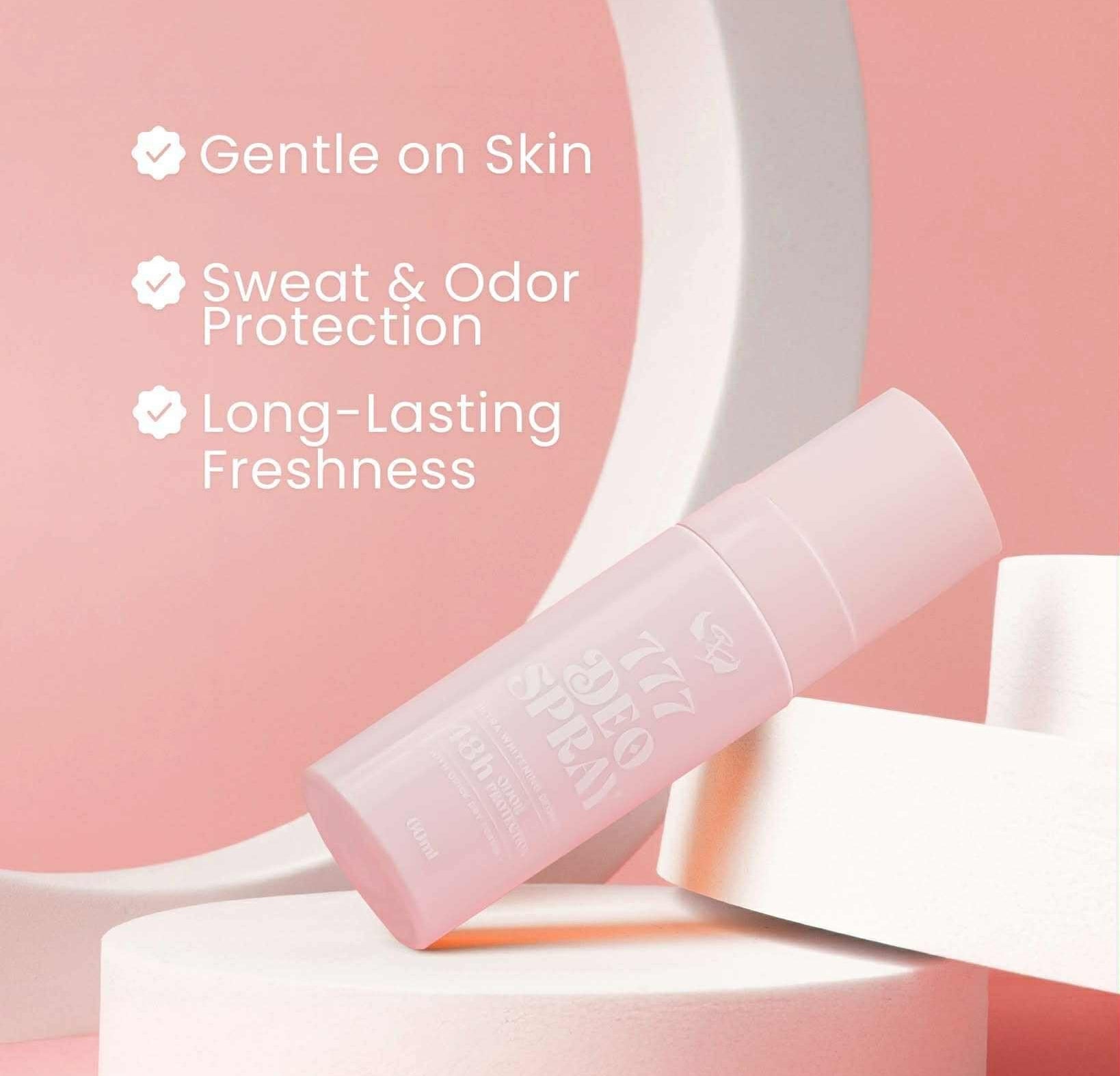 Pink deodorant stick on a white stand with product features listed on a pink background
