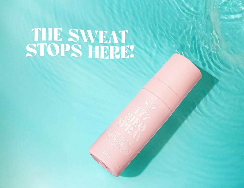 Pink bottle with text 'The sweat stops here!' on a blue water background