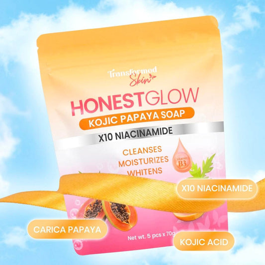 Honest Glow Kojic Papaya Soap packaging with a blue sky background