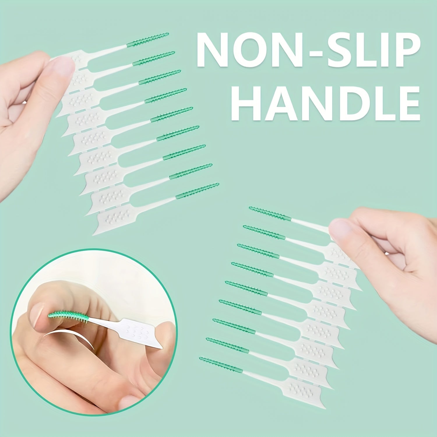 Teeth cleaning tool with non-slip handle on a light green background