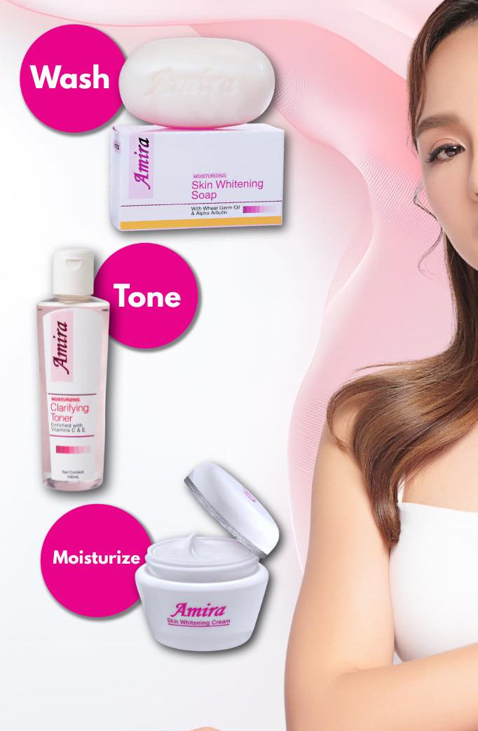 Amira skincare products with a model on a light pink background