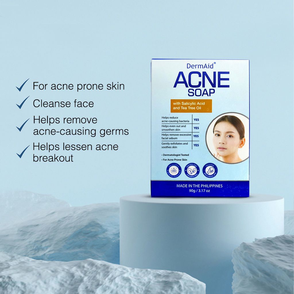 DermAid Acne Soap packaging with product features on a light blue background