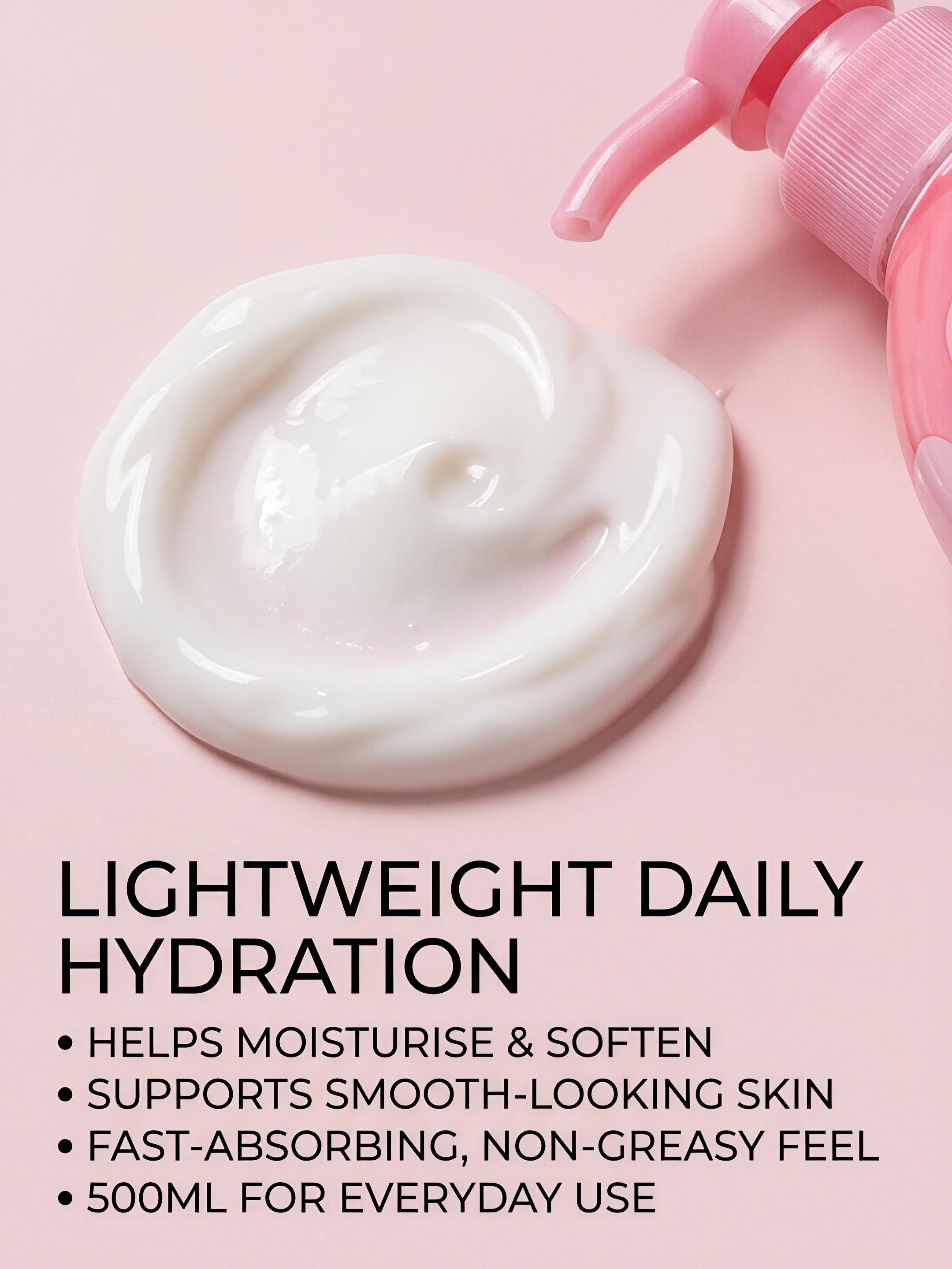 Pink bottle with white cream on a pink background, featuring text about hydration.