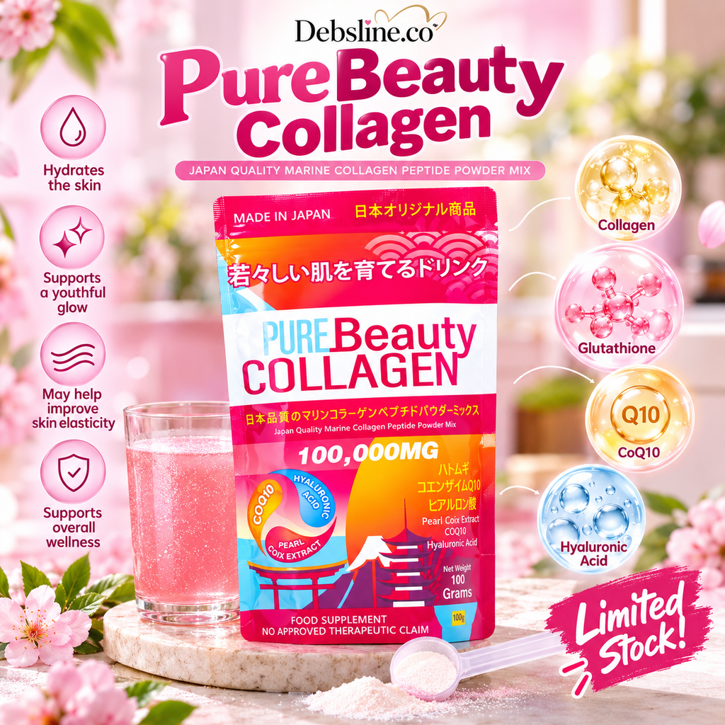 Pure Beauty Collagen Marine Fish Collagen Peptide Powder 100g – Made in Japan with Hyaluronic Acid, CoQ10 & Glutathione