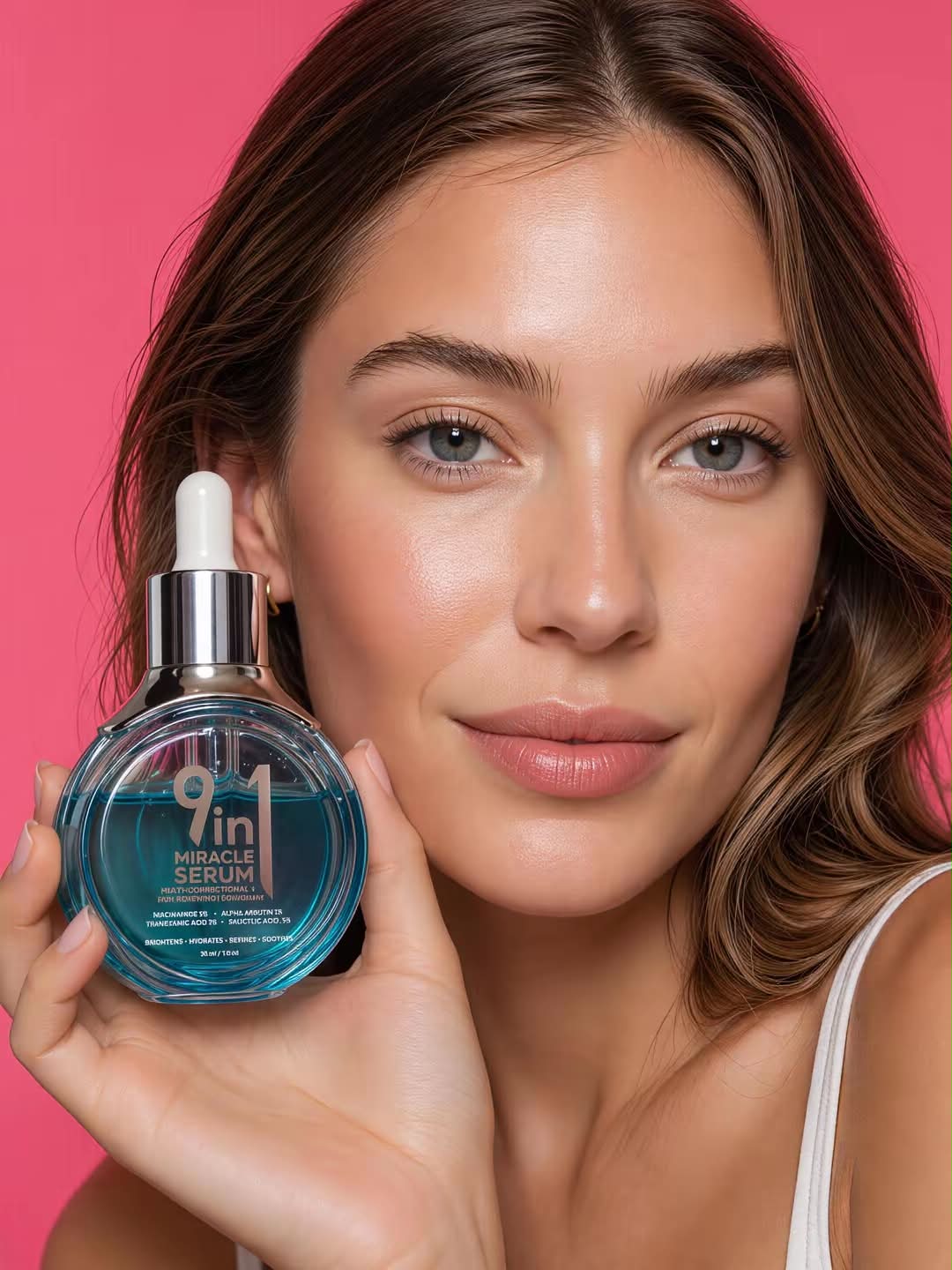 Woman holding a skincare serum bottle against a pink background
