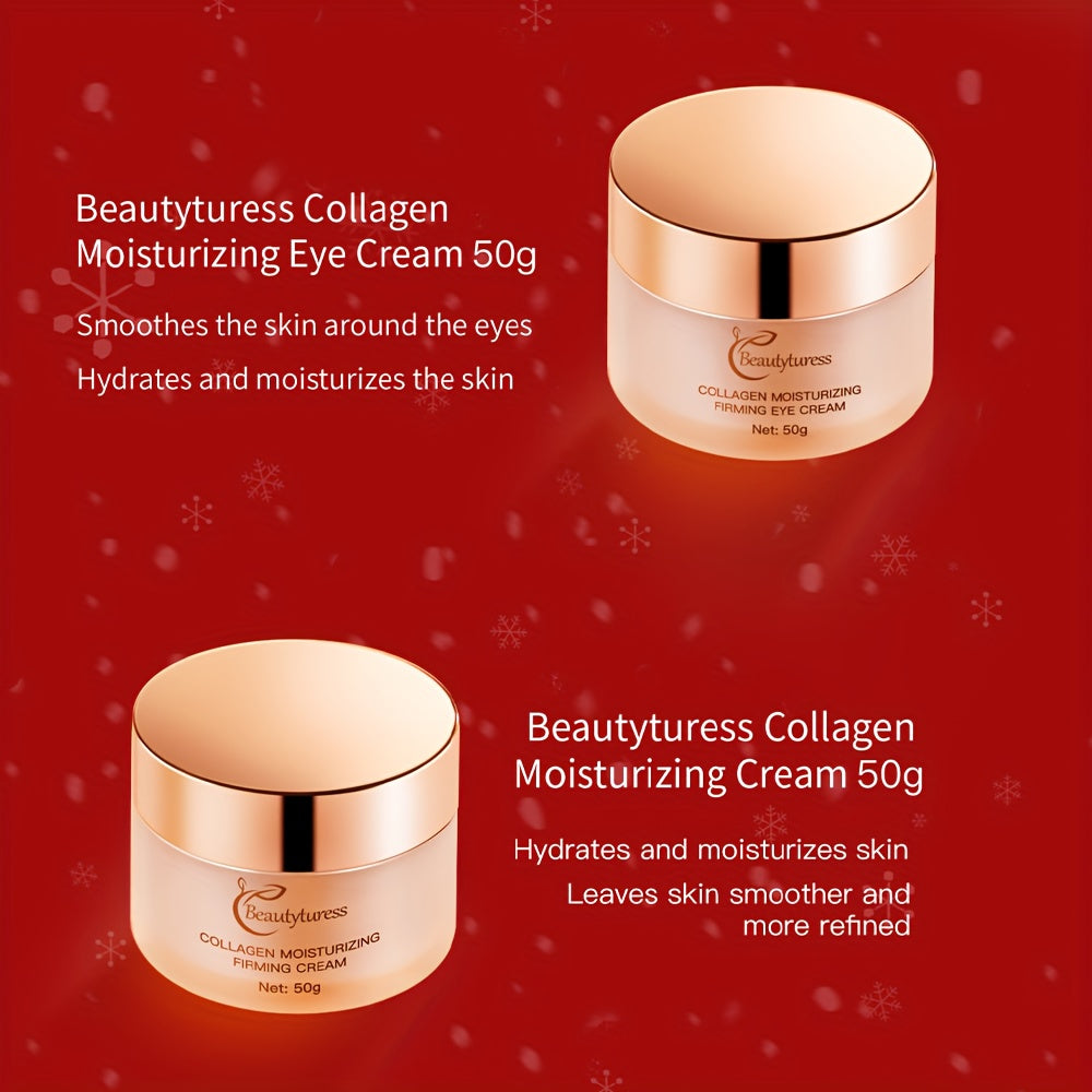Two jars of Beautyuress Collagen Moisturizing Cream on a red background with product details.