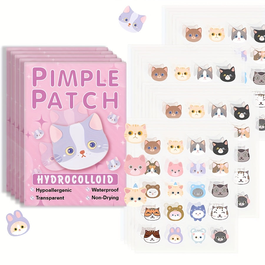 Pimple patch packaging with cartoon cat design on a white background with cat illustrations.