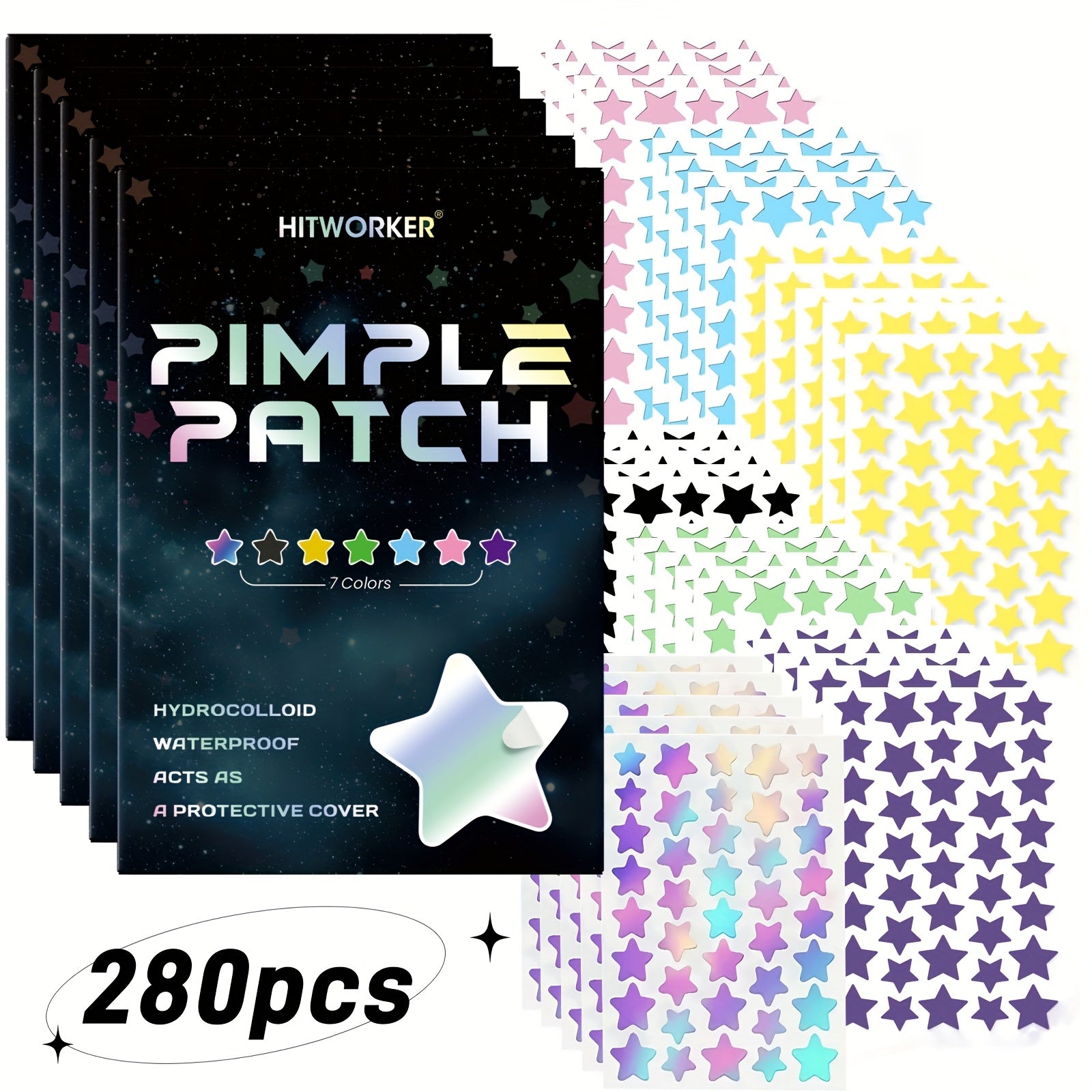 Pimple patch packaging with colorful star-shaped patches on a white background
