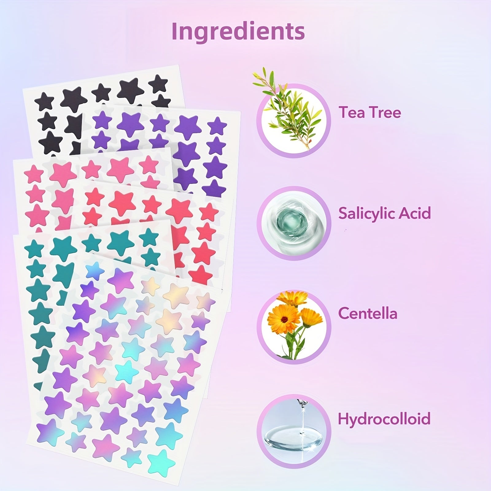 Colorful star-shaped stickers with ingredients listed on a gradient purple background