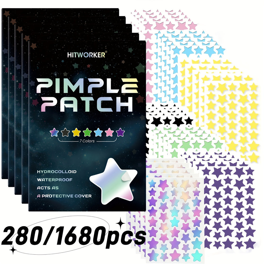 Pimple patch packaging with colorful star-shaped patches on a white background