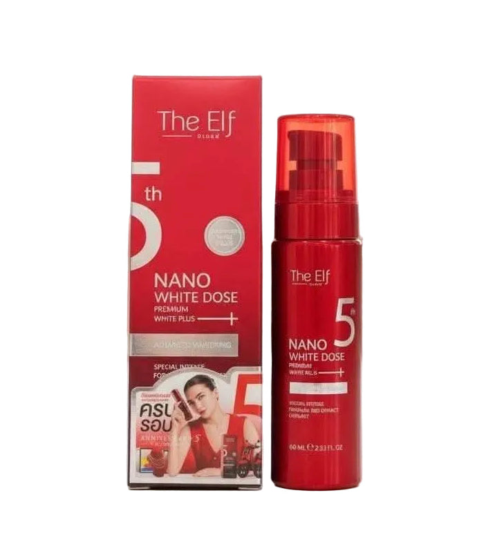Red cosmetic bottle and box labeled 'The Elf' on a blurred background
