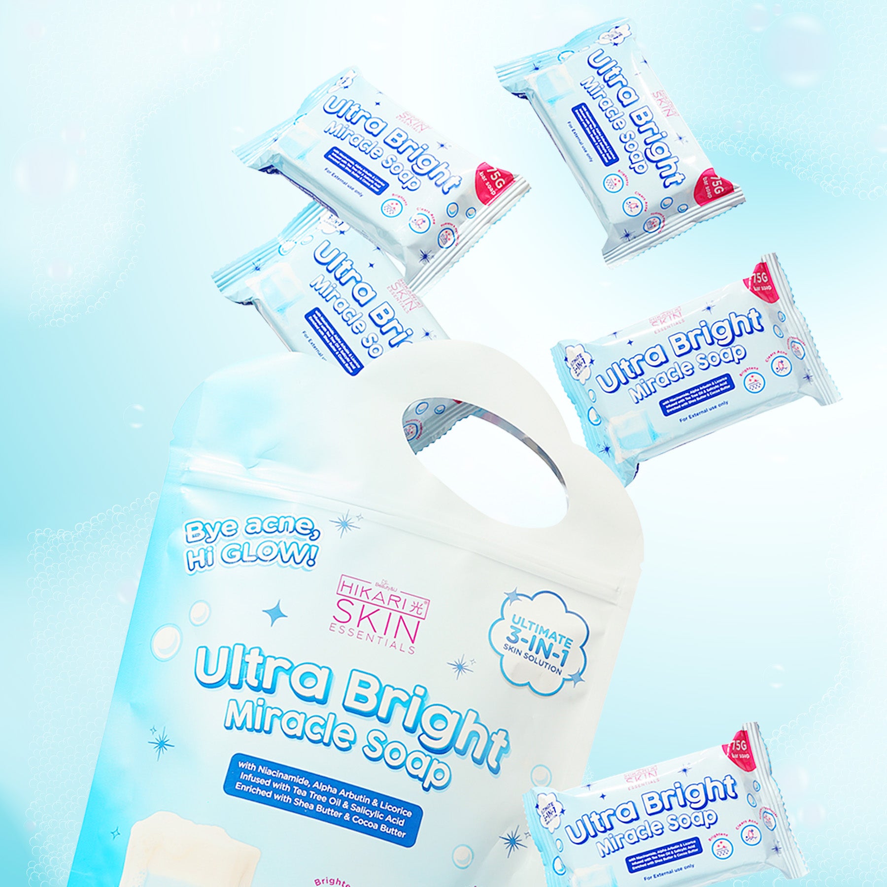 Ultra Bright Miracle Soap packaging on a gradient blue background