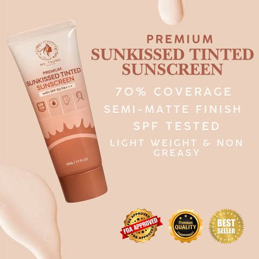 A promotional product graphic for MS TSUNG Premium Sunkissed Tinted Sunscreen. The image shows a squeeze tube of tinted sunscreen on the left, with large text on the right describing the product features: 70% coverage, semi-matte finish, SPF tested, and light weight & non greasy.