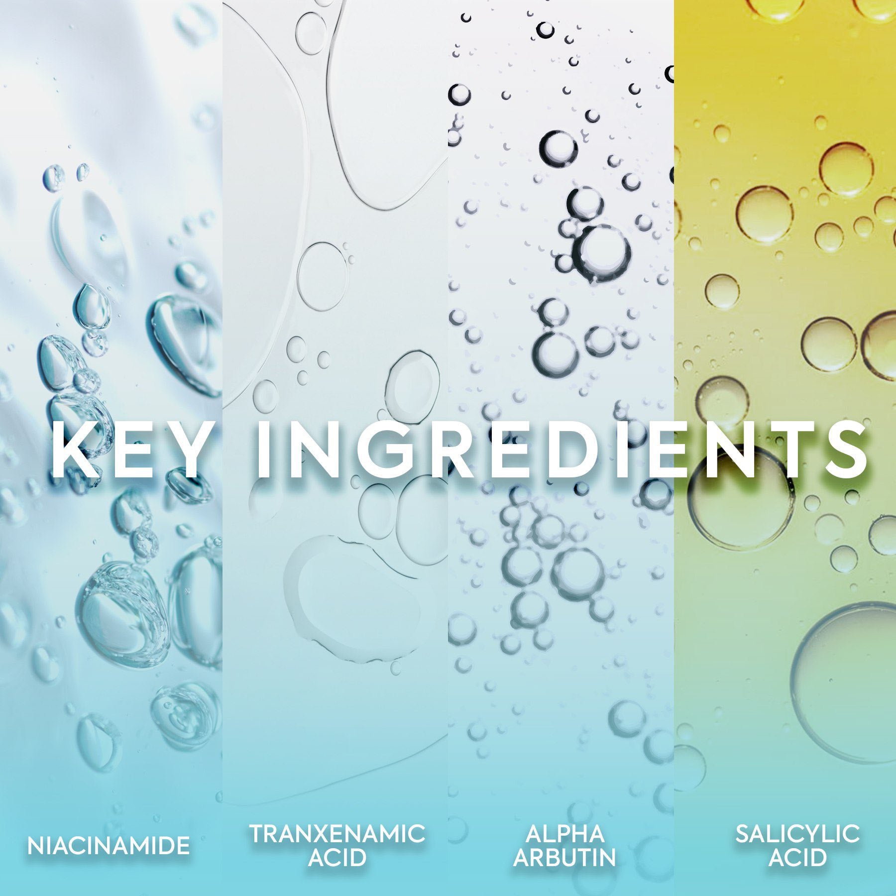 Text 'KEY INGREDIENTS' with a background of water droplets on a gradient surface.