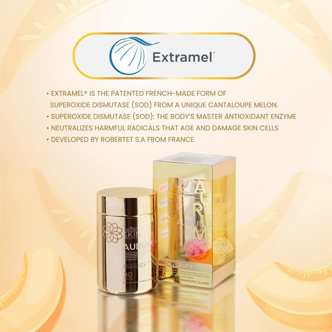 Extramel skincare products with product packaging on a beige background