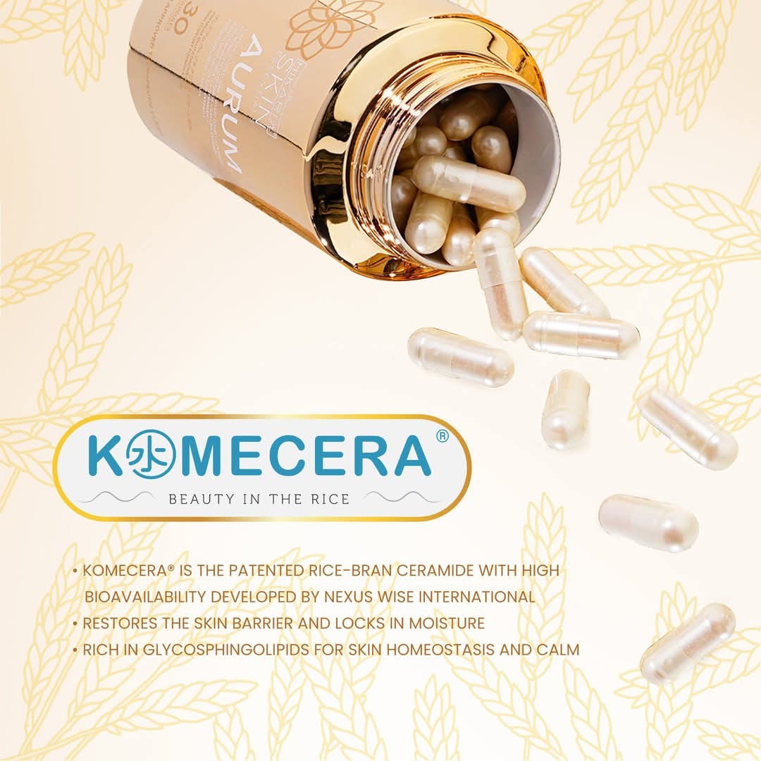 Komecera supplement bottle with capsules on a beige background