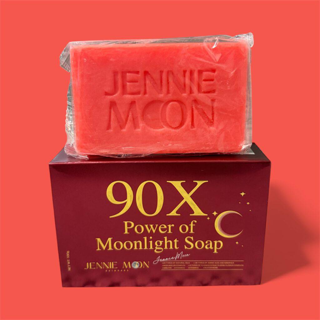 Red soap bar with 'Jennie Moon' branding on a red box labeled '90X Power of Moonlight Soap'.