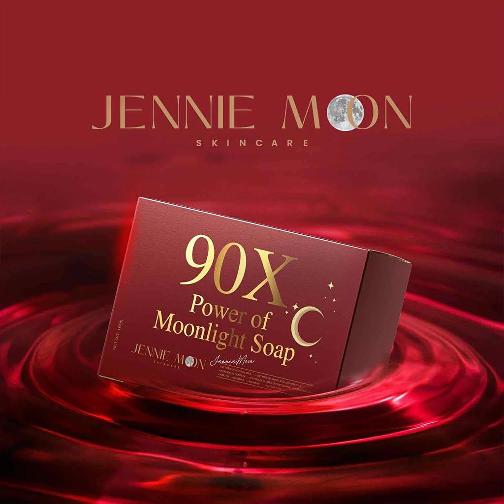 Jennie Moon skincare product packaging with '90X Power of Moonlight Soap' on a red background