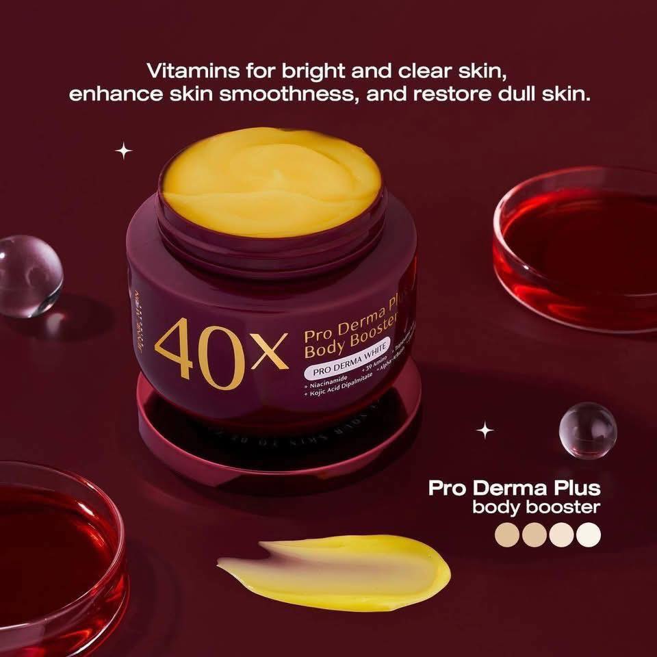 Pro Derma Plus body booster jar with yellow cream on a dark red background
