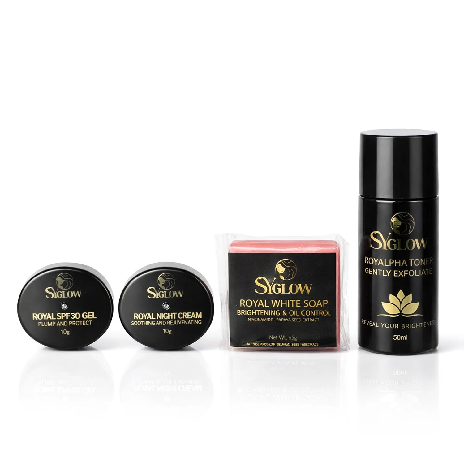 Four skincare products from Siglow arranged on a white reflective surface: two round black jars labeled Royal SPF30 Gel and Royal Night Cream, one rectangular pink soap bar in a black box labeled Royal White Soap, and one tall black bottle labeled Royal Alpha Toner.