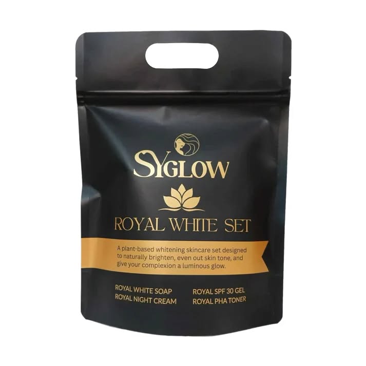 A black stand-up pouch package for Siglow Royal White Set skincare, featuring gold text and a gold banner on a white background.