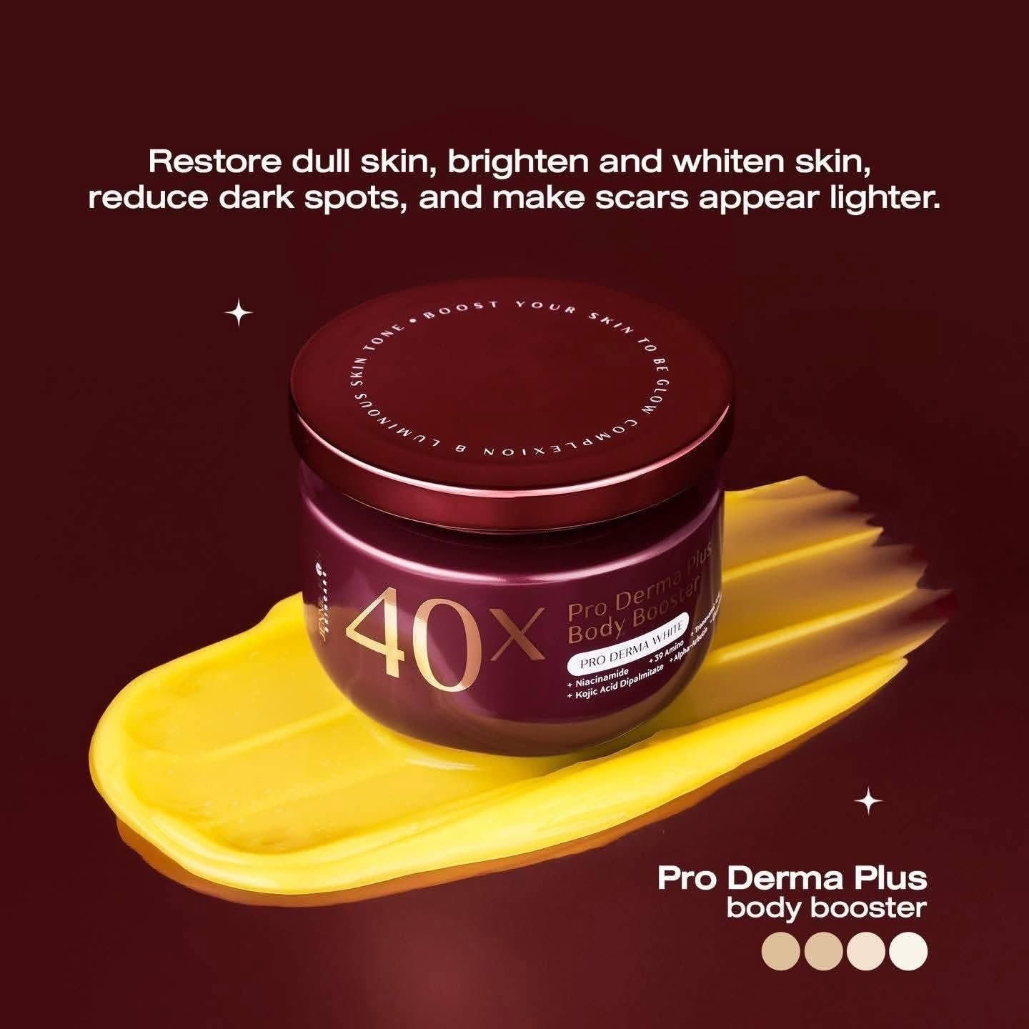 Pro Derma Plus body booster jar with yellow applicator on a dark background
