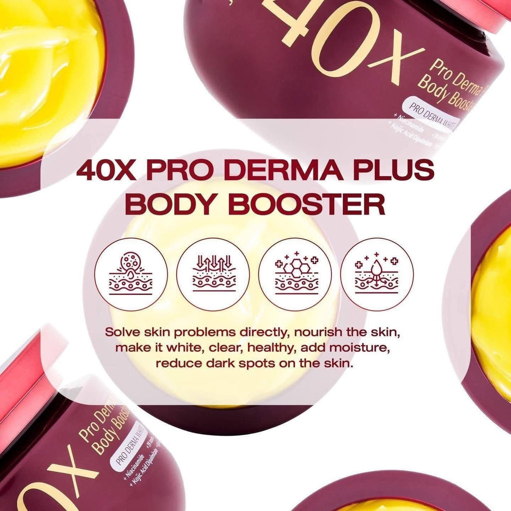 40X Pro Derma Plus Body Booster product packaging with text and icons on a white background