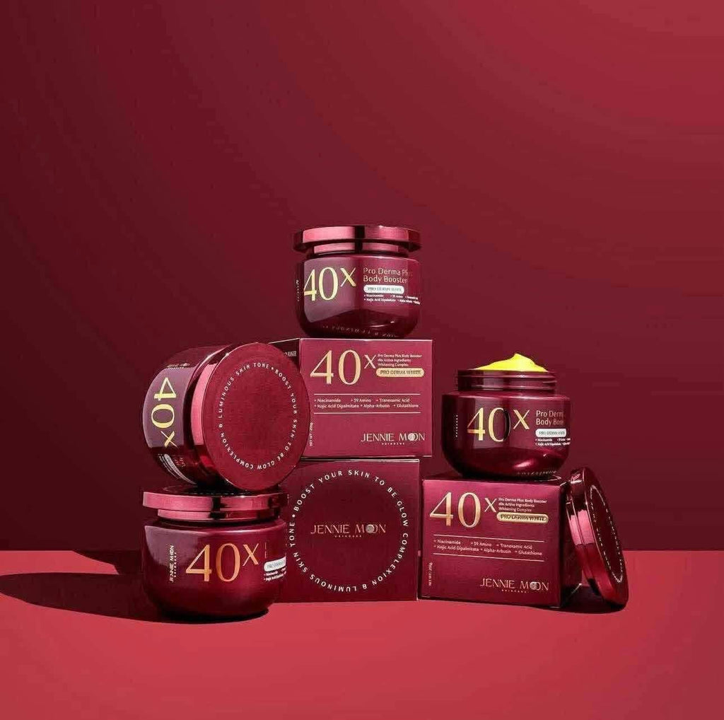 Jennie Moon skincare products with 40x magnification on a red background