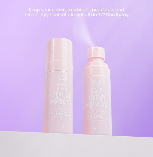 Two bottles of Angel's Skin 777 Deo Spray on a light purple background with brand logo.