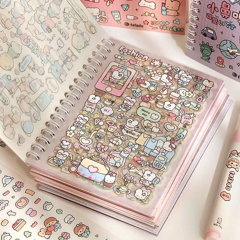 Sticker book with colorful stickers and a pen on a light background