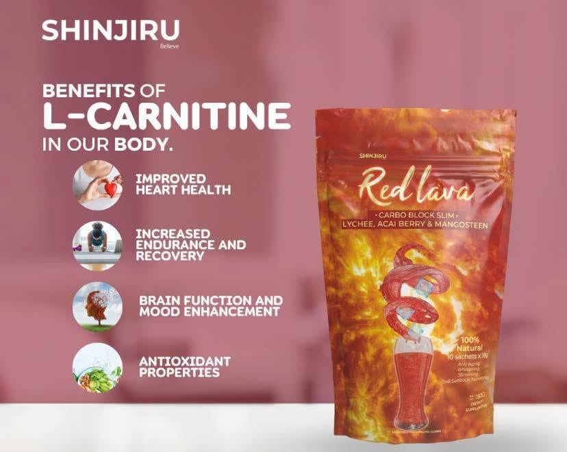 A stand-up pouch of Shinjiru Red Lava L-Carnitine supplement on a pink background with text listing benefits such as improved heart health, increased endurance and recovery, brain function and mood enhancement, and antioxidant properties.