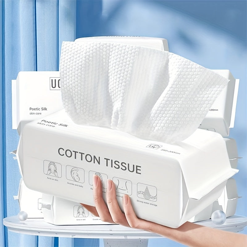 Cotton tissue packaging with a hand holding it against a light blue background