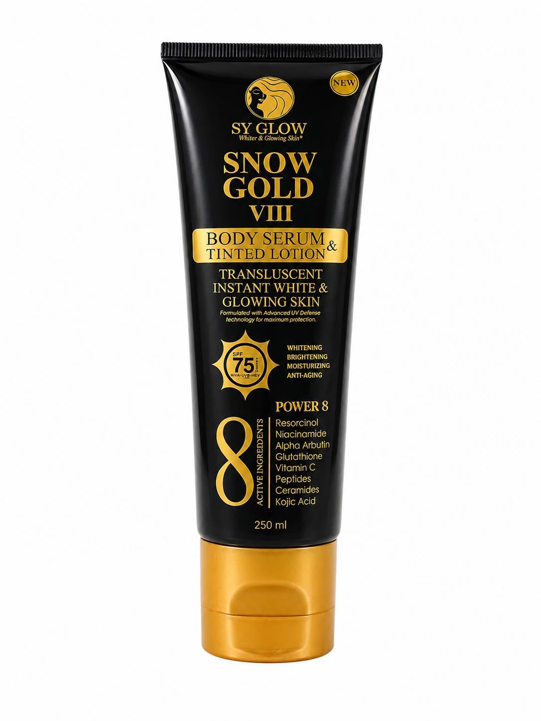 A 250 ml black squeeze tube of Sy Glow Snow Gold VIII Body Serum & Tinted Lotion with a metallic gold cap, shown on a plain white background.