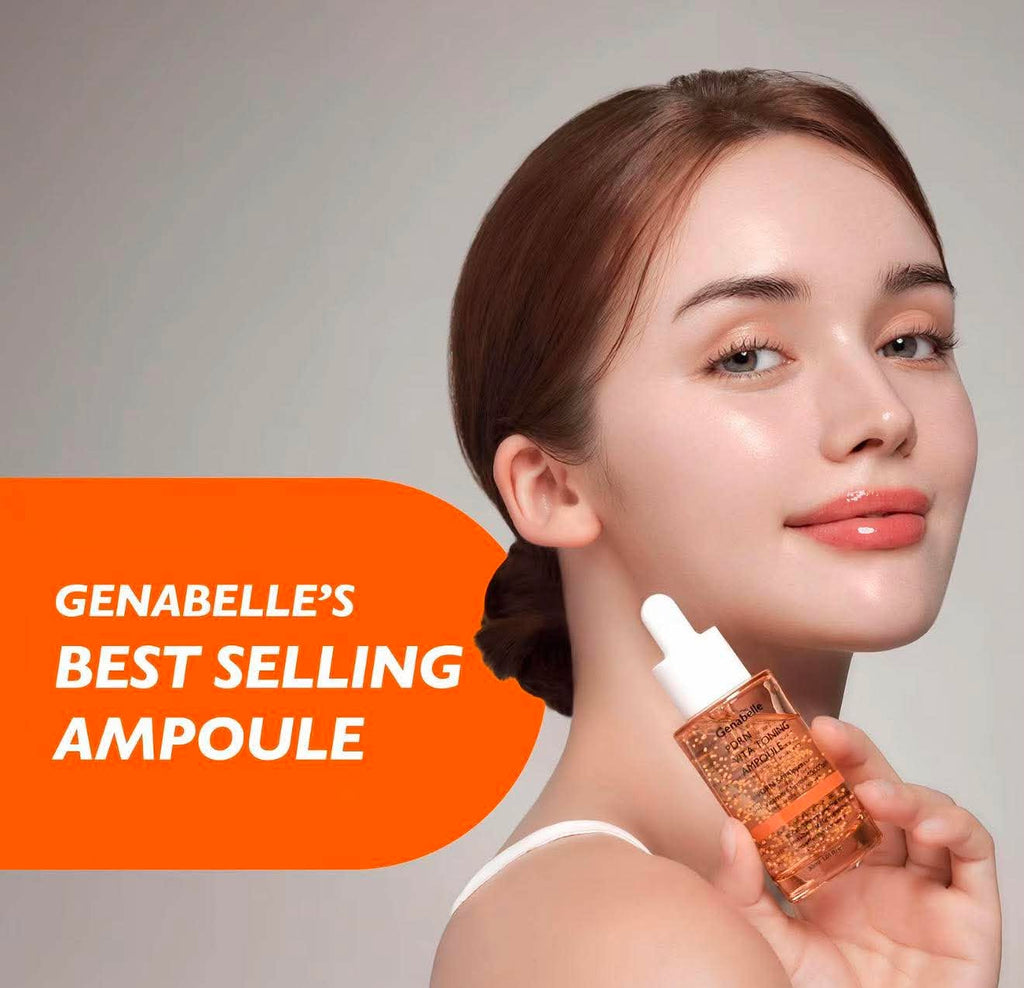 A woman holds a small glass ampoule bottle with a white dropper cap, showing the orange-colored serum inside. The background is a clean light gray studio backdrop with a bright orange text banner on the left that reads 'GENABELLE'S BEST SELLING AMPOULE'.