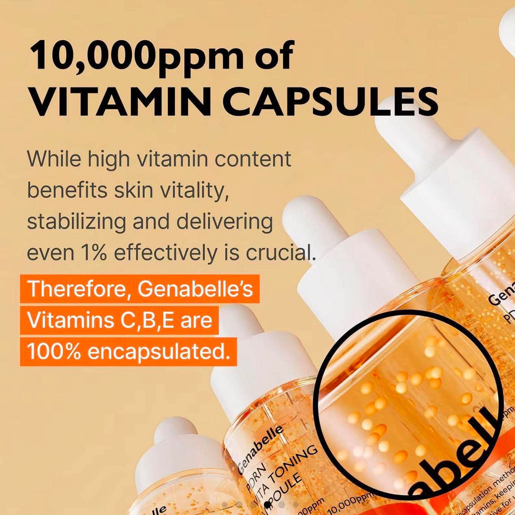 Promotional graphic for Genabelle vitamin toning capsules, showing several clear dropper bottles filled with golden-orange liquid and visible encapsulated capsules. Large text reads '10,000ppm of VITAMIN CAPSULES' and 'Therefore, Genabelle's Vitamins C,B,E are 100% encapsulated.