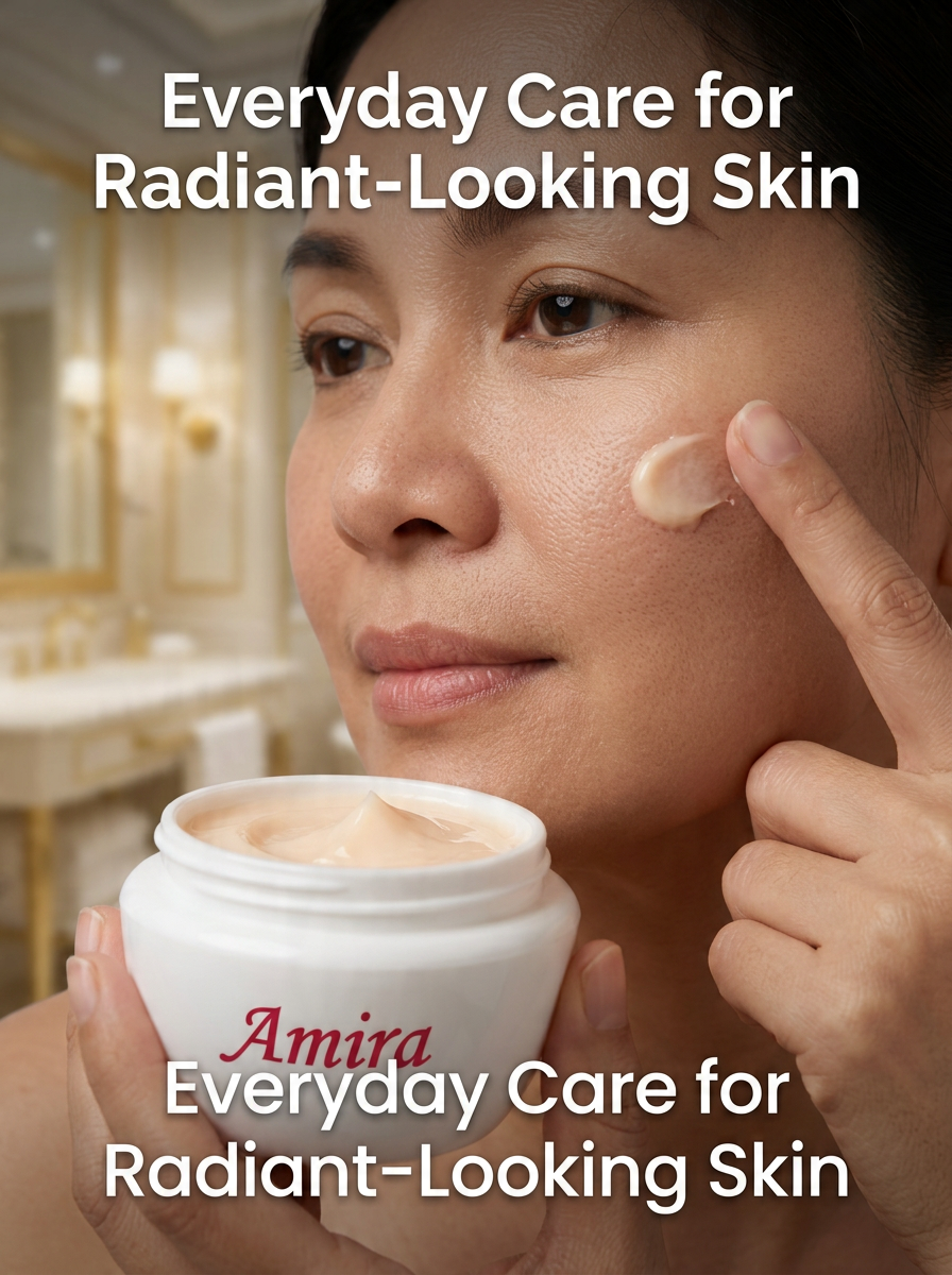 A woman applies cream from a white jar labeled Amira to her cheek, with overlaid text reading 'Everyday Care for Radiant-Looking Skin' in a bathroom setting.