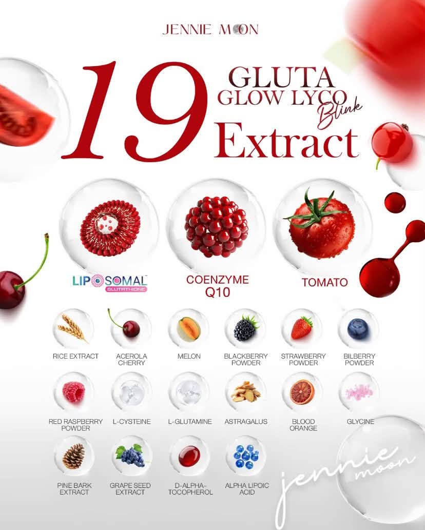 Jennie Moon Gluta Glow Lyco drink pouch and prepared fruit drink
