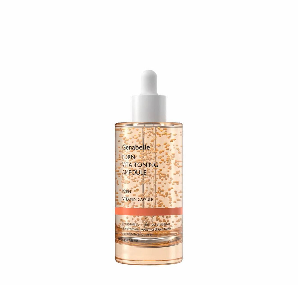 Genabelle Farn Vita Toning Ampoule in a clear glass dropper bottle with a white cap, filled with a peachy-orange liquid containing small gold-toned particles, on a solid white background.