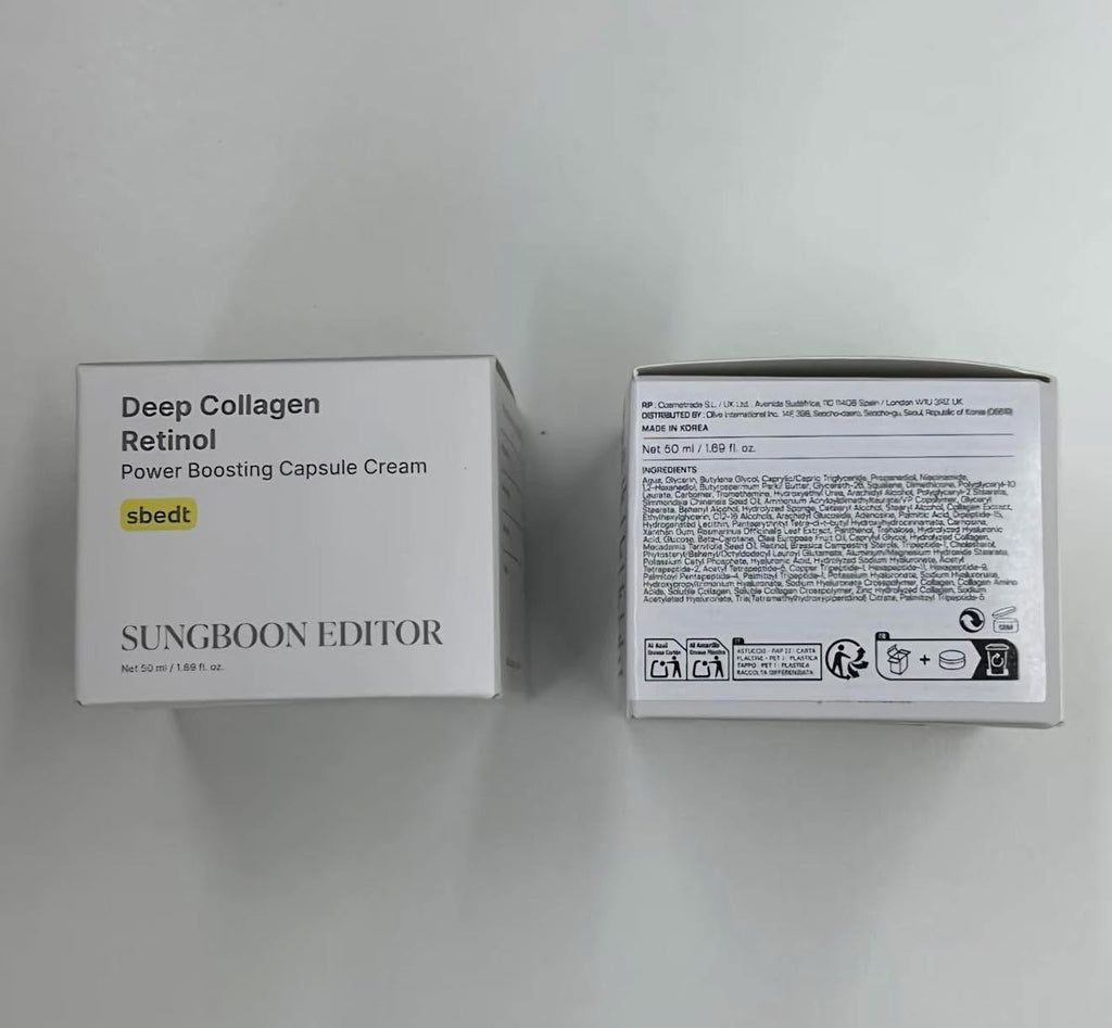 Sungboon Editor Deep Collagen Retinol Power Boosting Capsule Cream 50ml box front and back with INCI ingredient list