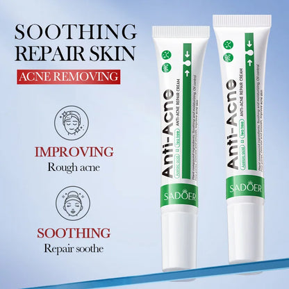 Two tubes of Anti-Acne cream with text highlighting benefits on a blue background