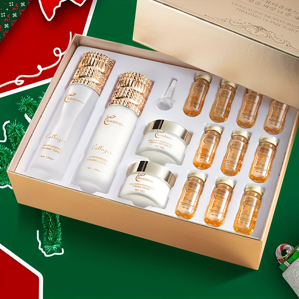 Cosmetic set with bottles and jars in a decorative box on a festive background