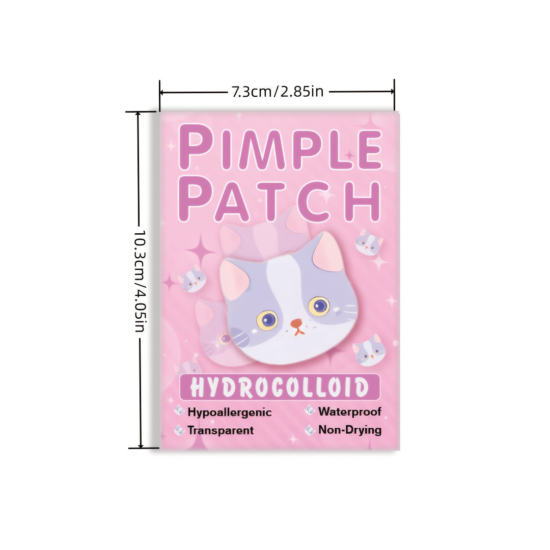 Pimple patch hydrocolloid packaging with cartoon cat design and dimensions.