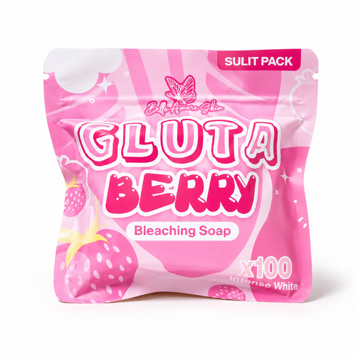 Bella Amore Skin Gluta Berry Radiance Soap bar, showcasing the white and pink packaging with fresh berry images for glowing skin.