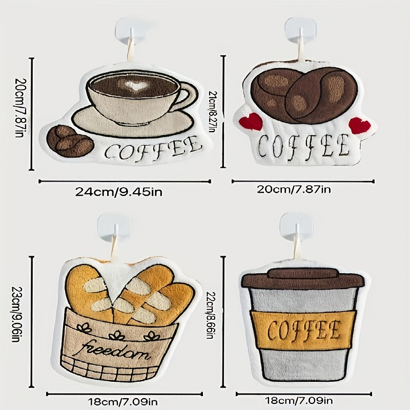 Four coffee-themed air fresheners with measurements on a white background