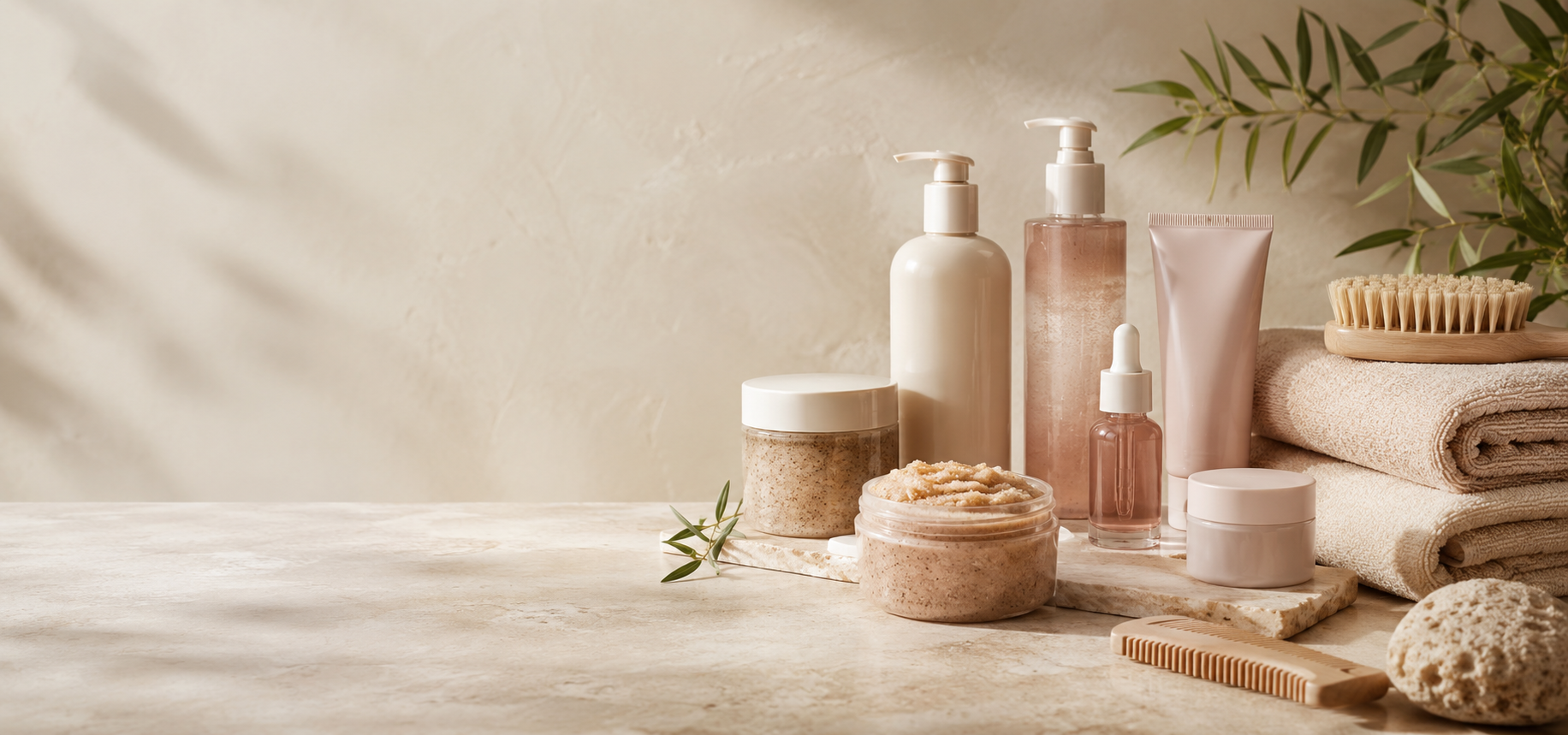 Cosmetic products on a wooden surface with a neutral background