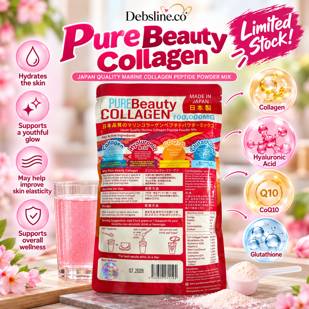 Pure Beauty Collagen Marine Fish Collagen Peptide Powder 100g – Made in Japan with Hyaluronic Acid, CoQ10 & Glutathione