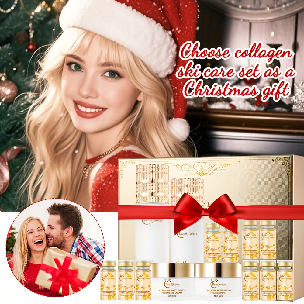 Woman wearing a Santa hat with a collagen skincare set and Christmas tree in the background
